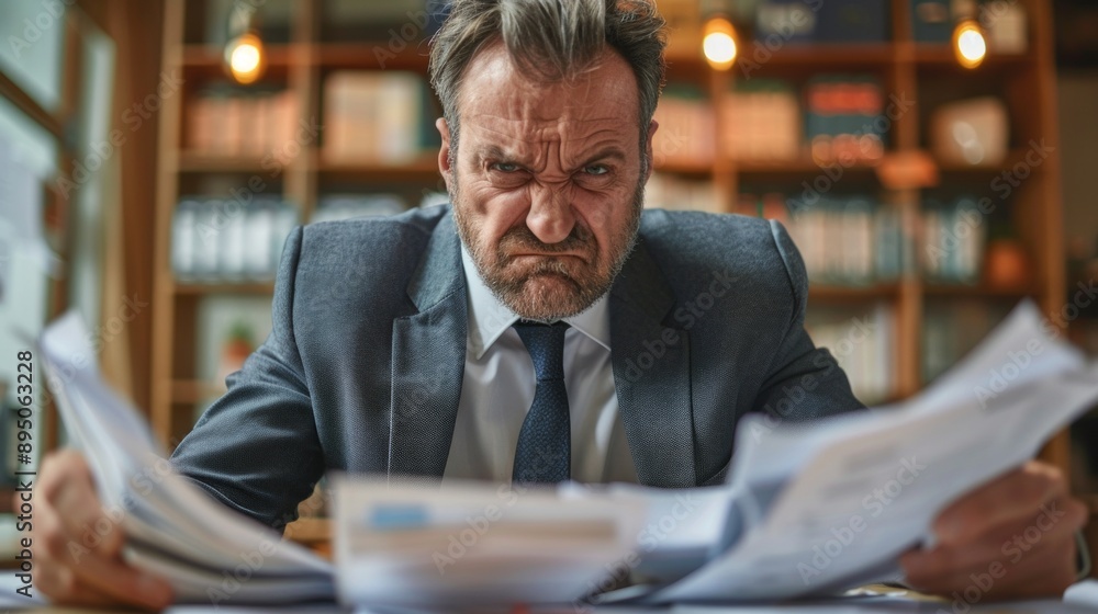 A middle-aged man with gray hair and beard, wearing a white shirt, gray vest, and dark blue tie, sits at a desk piled with papers and looks frustrated. A middle-aged man with gray hair and beard, wearing a white shirt, gray vest, and dark blue tie, sits at a desk piled with papers and looks frustrated.