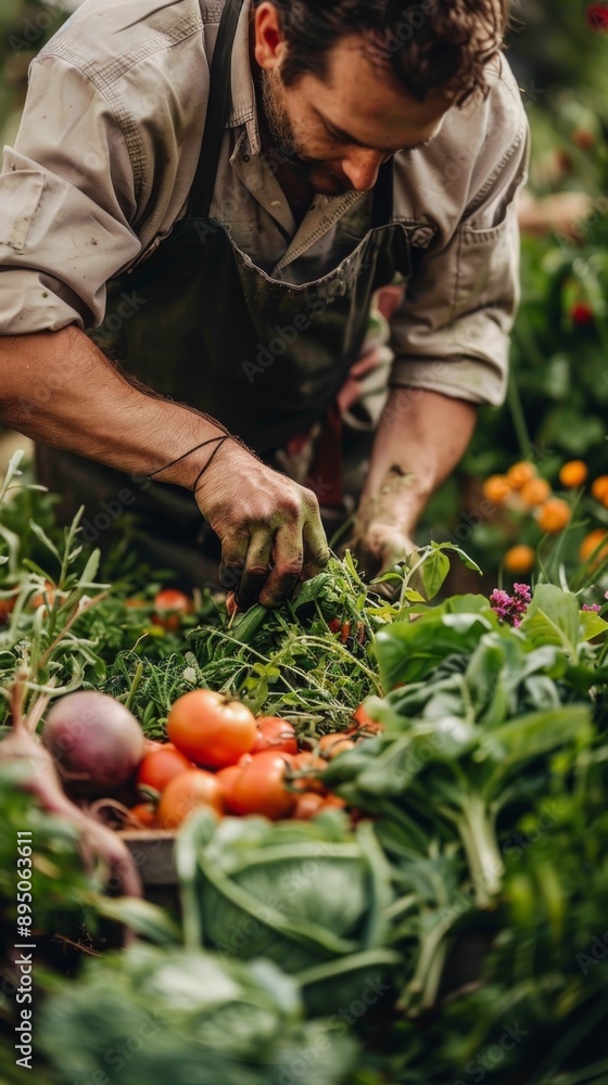 A man in black apron and green shirt tends to a variety of vegetables in a cozy garden setting, reflecting abundance and vitality in his harvest. A man in black apron and green shirt tends to a variety of vegetables in a cozy garden setting, reflecting abundance and vitality in his harvest.