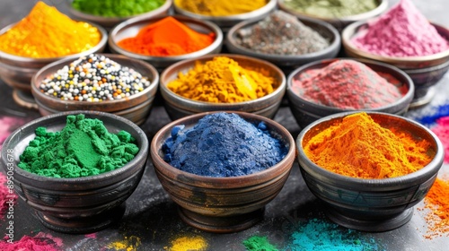 A colorful assortment of spices are displayed in bowls on a counter