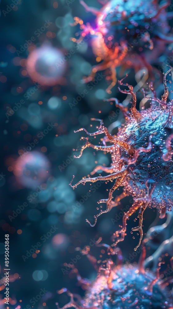 A detailed computer model of a coronavirus, with deep blue and neon colors, highlights of purple and orange. Background shows smaller virus representations. A detailed computer model of a coronavirus, with deep blue and neon colors, highlights of purple and orange. Background shows smaller virus representations.