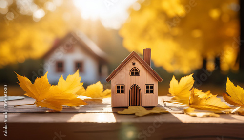 Miniature wooden house surrounded by golden autumn leaves under warm sunlight, fall scenery. Real estate concept. Autumnal season. Beautiful nature