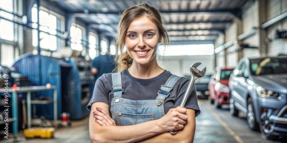 A woman mechanic holding a wrench in a car repair shop working on a vehicle A woman mechanic holding a wrench in a car repair shop working on a vehicle