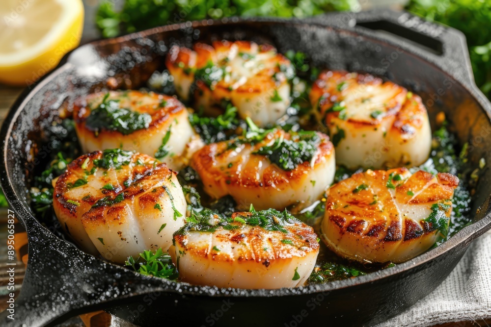 Grilled Scallops. Dinner Dish with Fresh Seafood in Garlic Butter, Served in a Skillet Grilled Scallops. Dinner Dish with Fresh Seafood in Garlic Butter, Served in a Skillet