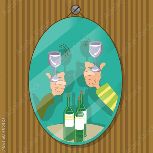 Mirror with a reflection of drinking people. The mirror is located on the wall with striped wallpaper. Friends drink alcohol. Vector illustration