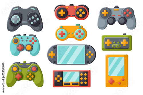 Collection of videogame joysticks. Retro game consoles and wireless gamepads, icons of playing controllers on white background, electronic digital devices, accessory for gamers, gaming technology.