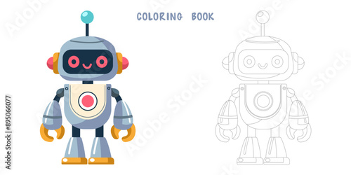 Coloring book of cheerful funny cartoon children's robot. Coloring page of cute cyborg, futuristic modern bot, android, smiling character in flat vector illustration isolated on white background.