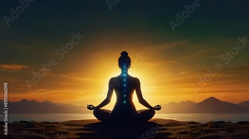 Silhouette of a meditating woman with zen energy, lotus body pose, sitting at a sea, spiritual journey, animated video loop