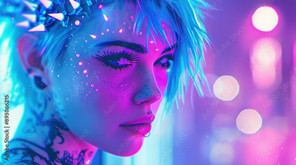 Digital illustration of a woman with blue hair and piercings, in a neon-lit setting, creating a futuristic and vibrant atmosphere. Digital illustration of a woman with blue hair and piercings, in a neon-lit setting, creating a futuristic and vibrant atmosphere.