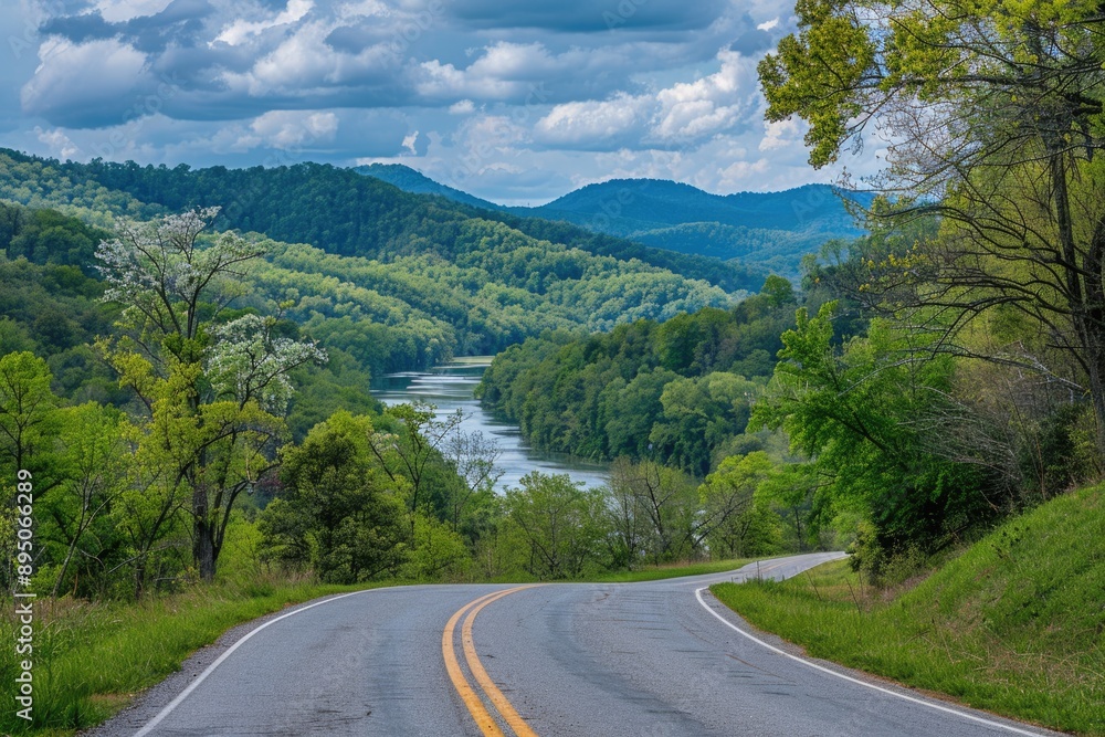 Kentucky Nature. Serene Landscape of Forest-Covered Mountains with River View Kentucky Nature. Serene Landscape of Forest-Covered Mountains with River View