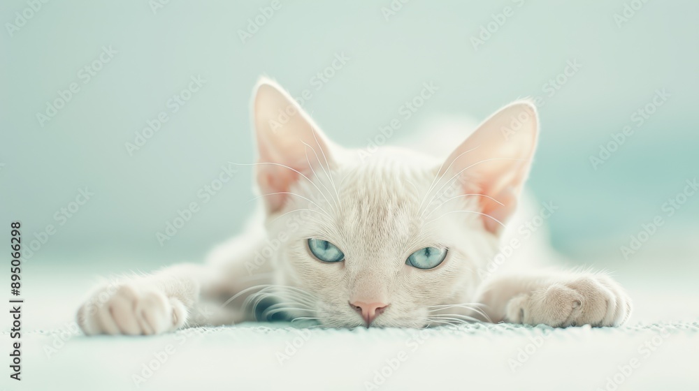 White cat with blue eyes lying down on a soft surface, isolated against a light blue background, creating a calm and serene atmosphere. White cat with blue eyes lying down on a soft surface, isolated against a light blue background, creating a calm and serene atmosphere.