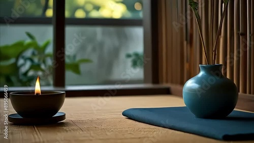 Burning candle spiritual interior view, meditation environment, animated video loop