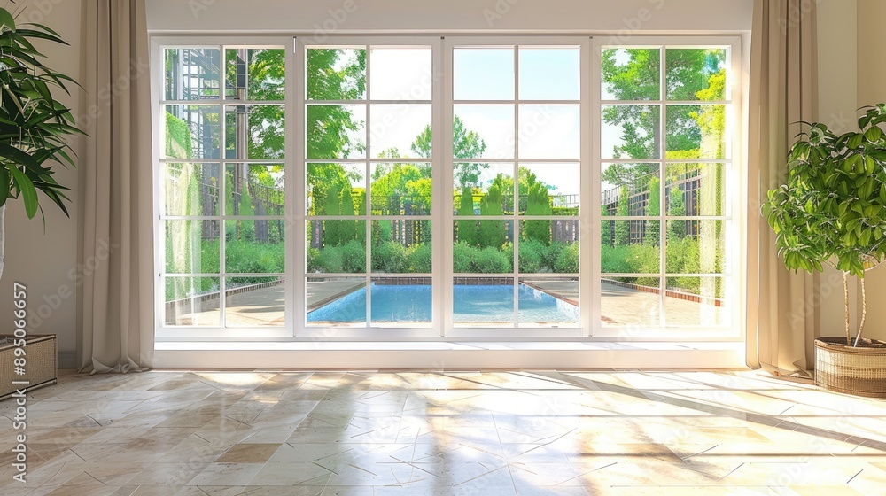 Fototapeta premium Vacant room with big window overlooking summer yard and pool