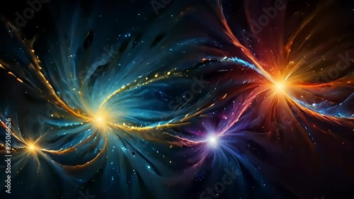 Abstract multiple nebula particles explosion swirls in space, sci fi futuristic animated wallpaper video loop