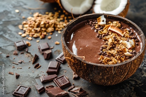Coconut Smoothie Bowl. Vegan Chocolate Smoothie with Granola in Coconut Bowl