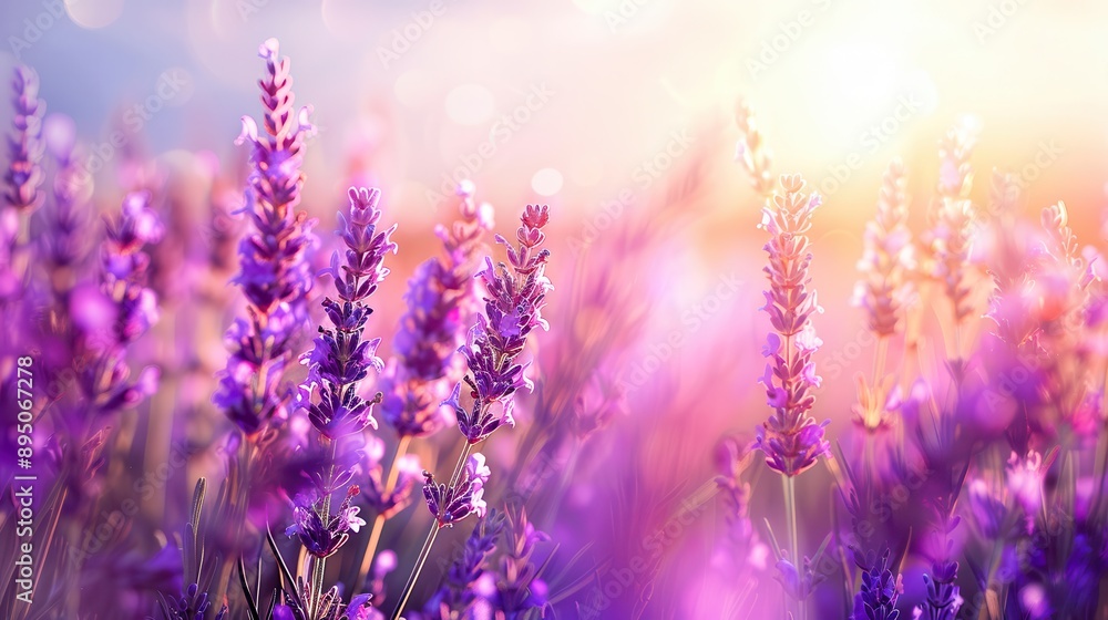 Fototapeta premium Blooming lavender fields on a sunny day. Nature, aroma, landscape. A picture of natural beauty and fragrant charm. 