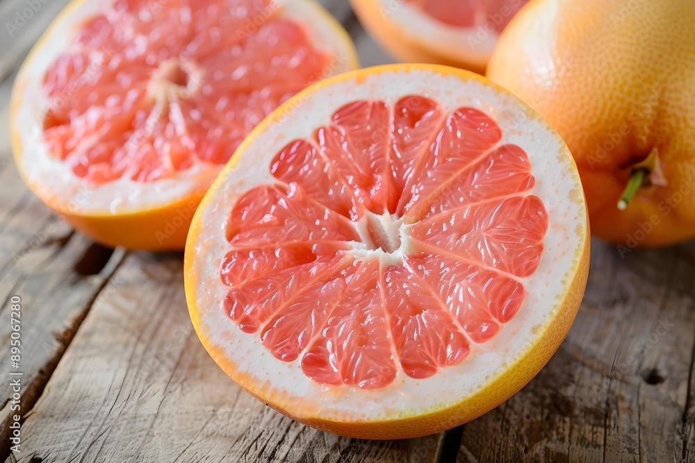 Freshly Sliced Grapefruit on Wooden Table Freshly Sliced Grapefruit on Wooden Table