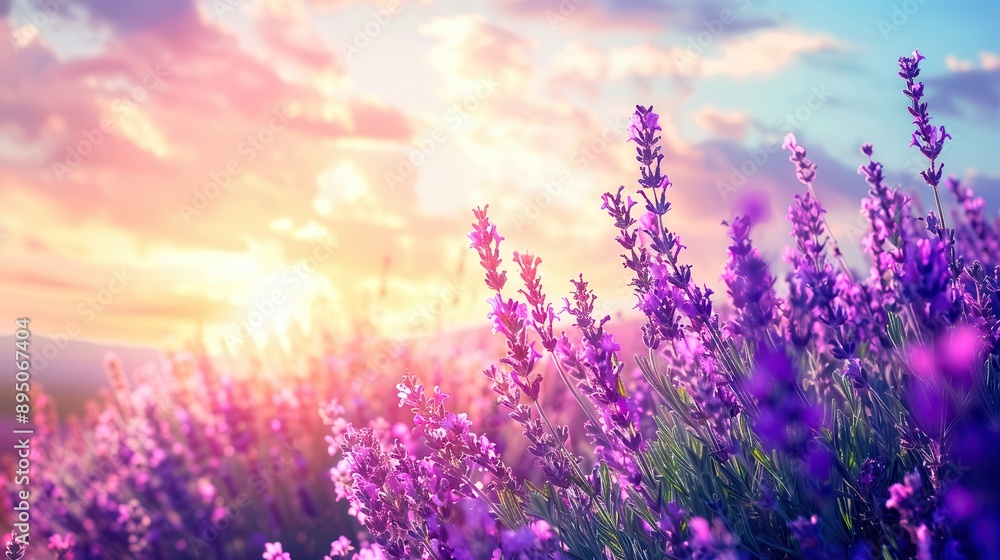 Naklejka premium Blooming lavender fields on a sunny day. Nature, aroma, landscape. A picture of natural beauty and fragrant charm. 