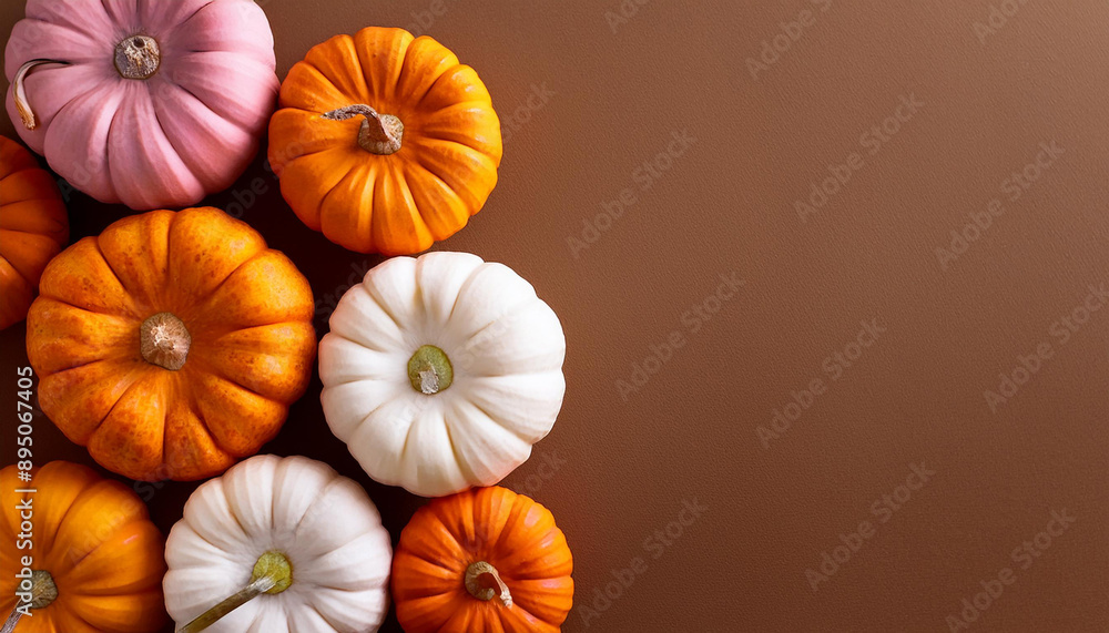 Vibrant autumn orange and white pumpkins on brown background and copy space. Gourds, vibrant autumnal display. Banner with vegetables. Fall Thanksgiving decor. Farm harvest. Top view Vibrant autumn orange and white pumpkins on brown background and copy space. Gourds, vibrant autumnal display. Banner with vegetables. Fall Thanksgiving decor. Farm harvest. Top view