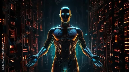 Android robot humanoid with futuristic AI code data background, animated slow motion video loop