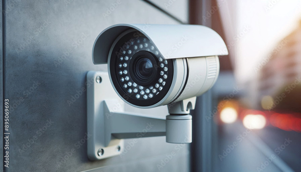 Close-up of a modern security camera on building wall, simple scene Close-up of a modern security camera on building wall, simple scene