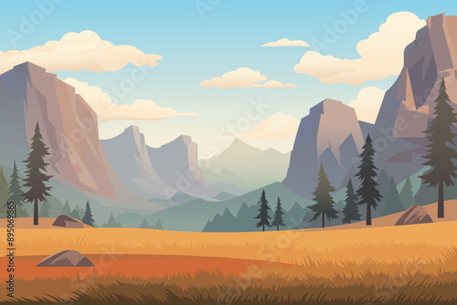 Landscape of a mountain valley. Beautiful landscape overlooking a mountain valley against the backdrop of a beautiful forest and blue sky with clouds. High cliffs. End of summer, beginning of autumn.
