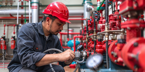 An engineer or technician is working checking the fire suppression system and fire fighting equipment. An engineer checks the red generator pump for sprinkler and fire alarm control lines. photo