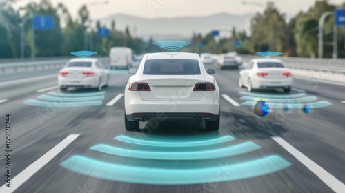A white EV car is driving down a road