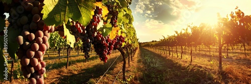 A vineyard with a bunch of grapes hanging from the vines. The grapes are ripe and ready to be picked. The sun is shining brightly, creating a warm and inviting atmosphere