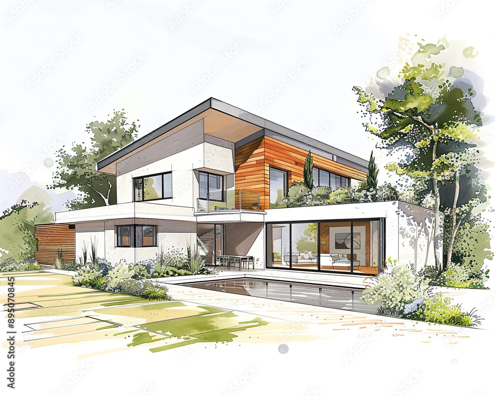Architectural project with detailed modern house model on white backgrounds. Architectural project with detailed modern house model on white backgrounds.