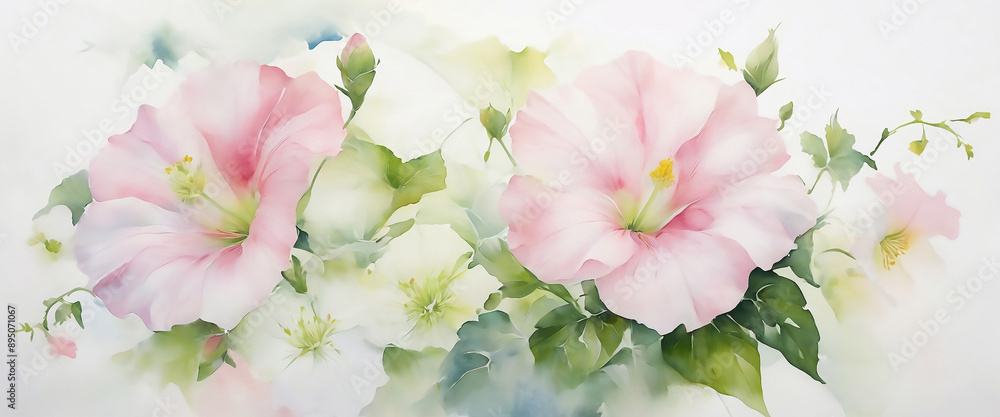 Floral design of morning glory flowers. Exquisite digital watercolor in pastel tones and softly textured. Banner format. Ratio 12:5 Floral design of morning glory flowers. Exquisite digital watercolor in pastel tones and softly textured. Banner format. Ratio 12:5
