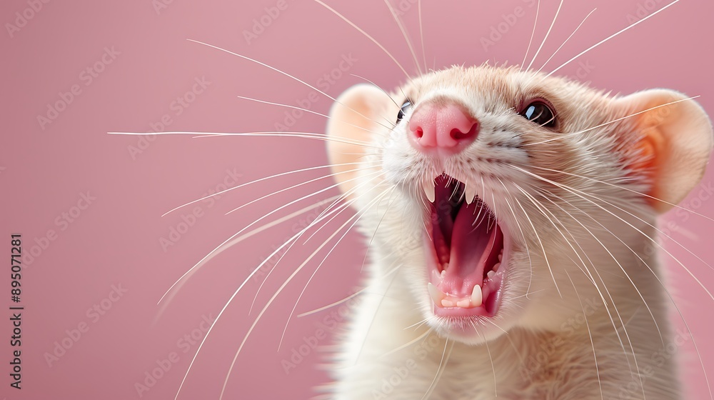Detailed Close-Up of a Ferret Yawning Against Pink Background Detailed Close-Up of a Ferret Yawning Against Pink Background
