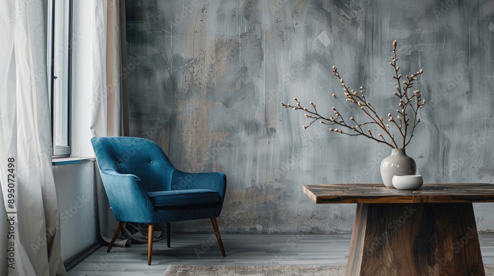 Grey Wall, Blue Chair, and Wooden Table Interior Grey Wall, Blue Chair, and Wooden Table Interior