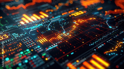 advanced algorithm visualization on a high-resolution screen, showing predictive analytics for stock market investments