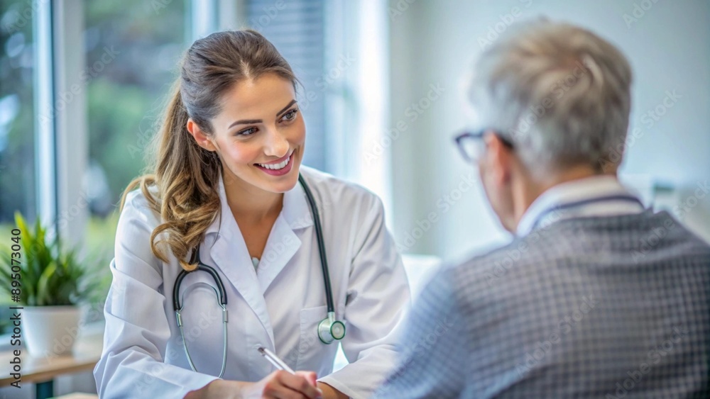 Young Girl, In White Doctor's Coat, In Office, In Hospital Building, Doctor, Statoscope Young Girl, In White Doctor's Coat, In Office, In Hospital Building, Doctor, Statoscope