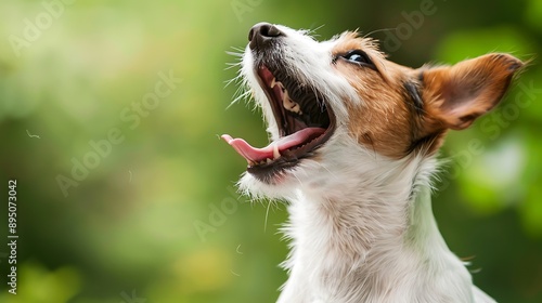 A small dog with its mouth wide open and its tongue hanging out. It is looking up at something off-camera. photo