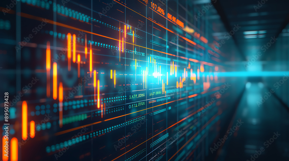 Fototapeta premium Dynamic stock market chart displayed on a holographic screen with advanced technology elements
