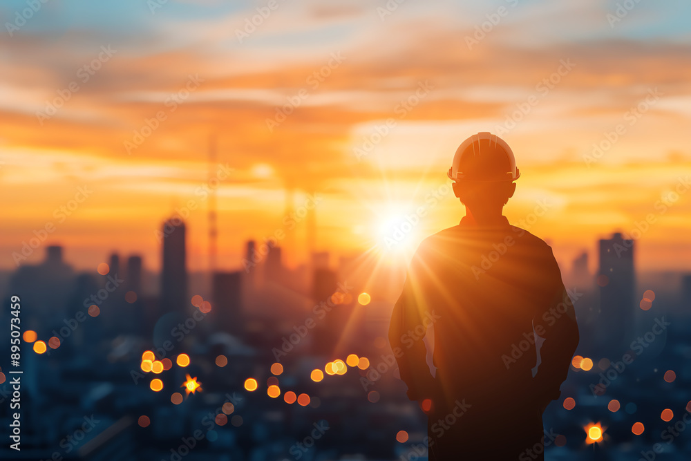 Fototapeta premium Engineer wearing a helmet, standing confidently with a sunrise overlay and cityscape in the background