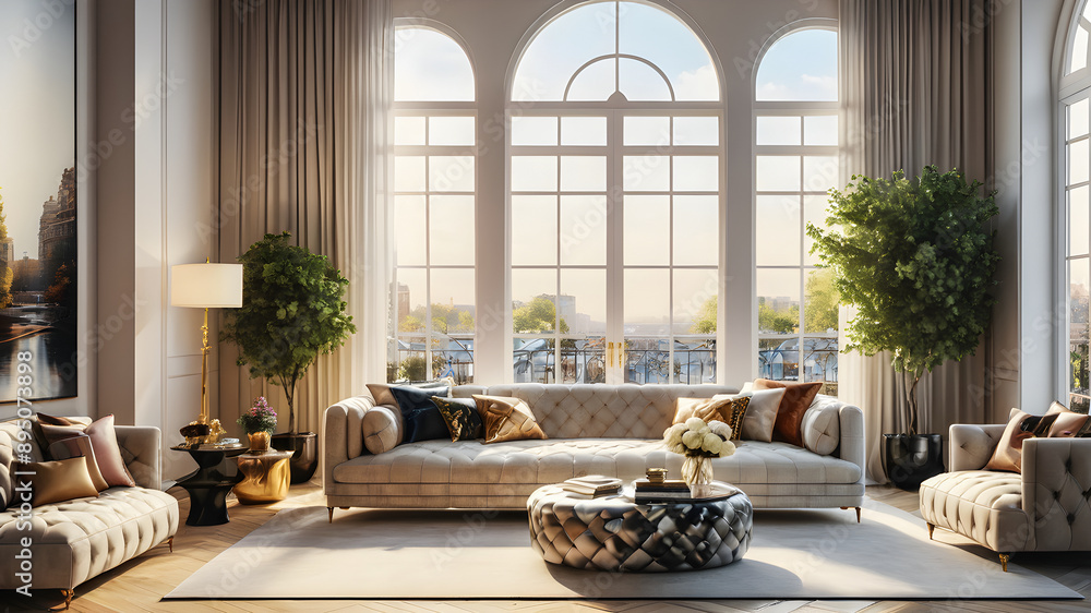 Picture of Perfect modern and simple bright elegant luxury interior and cityscape ...