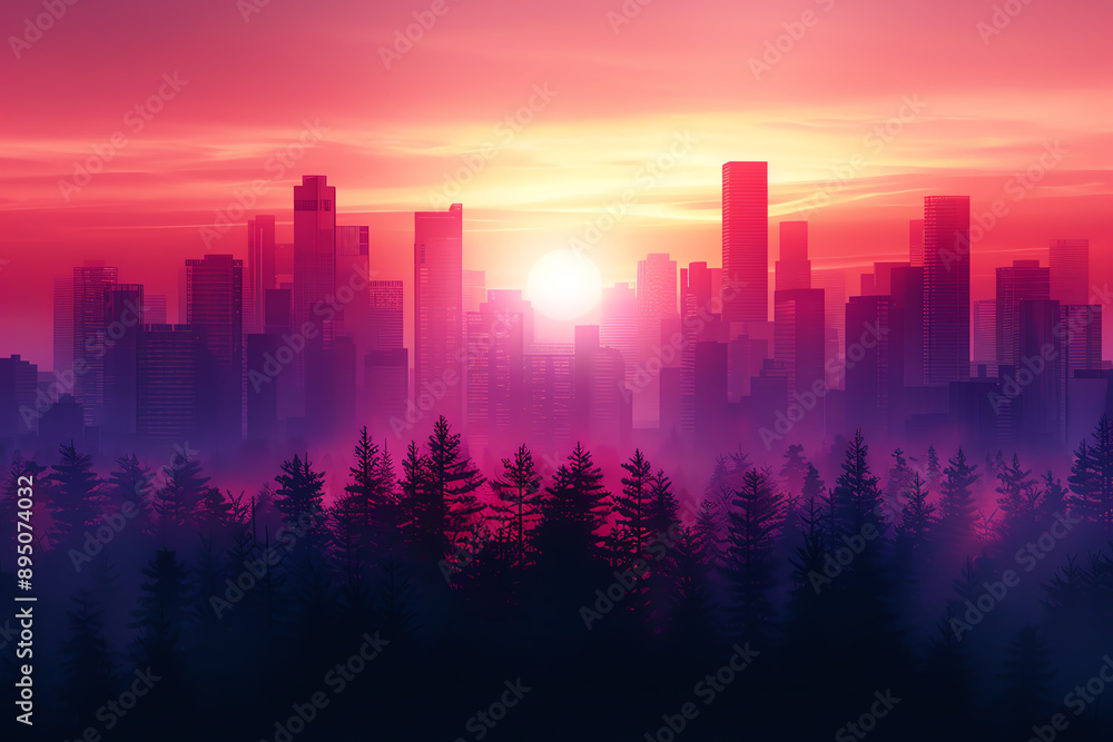 Seamless blend of a bustling cityscape merging into a tranquil forest landscape at sunset Seamless blend of a bustling cityscape merging into a tranquil forest landscape at sunset