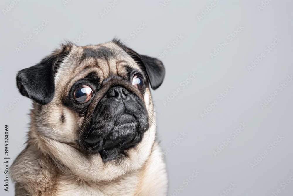 A pug with a sad expression posing against a grey background A pug with a sad expression posing against a grey background