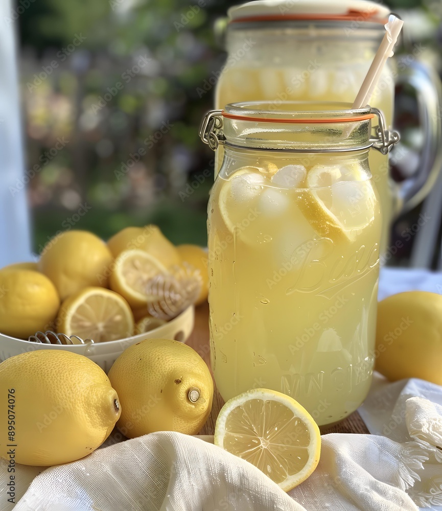 Homemade Lemonade with Lemon Slices and Ice in Glass Jars Homemade Lemonade with Lemon Slices and Ice in Glass Jars