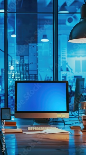 Wallpaper Mural modern office. the computer shows an error. dead blue screen for problem. operating system and internet Torontodigital.ca