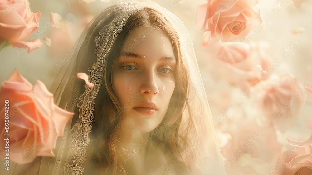 Serene image of St. Therese among clouds, roses gently falling to earth, divine light creating a tranquil glow, soft pastel colors in the background natural look Serene image of St. Therese among clouds, roses gently falling to earth, divine light creating a tranquil glow, soft pastel colors in the background natural look