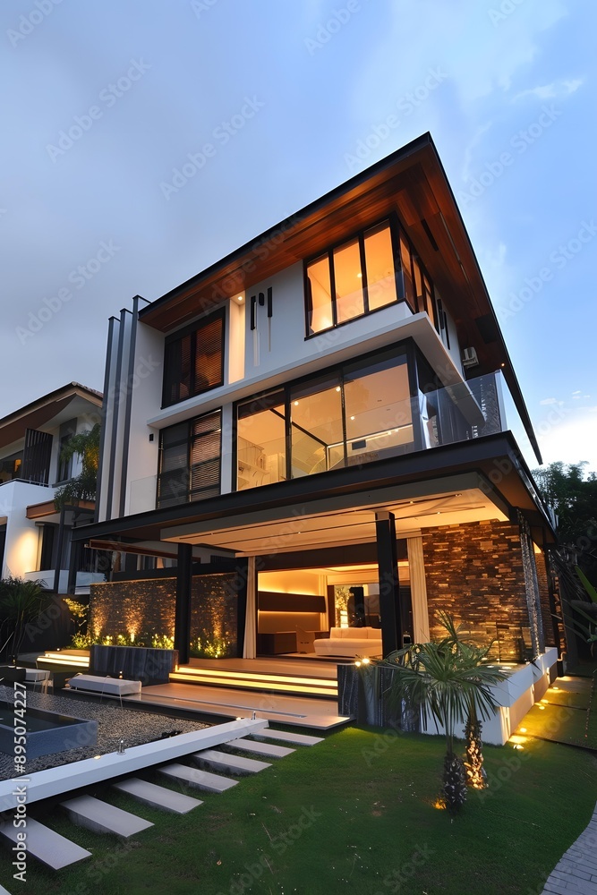 Fototapeta premium Modern House with Stone Wall and Swimming Pool