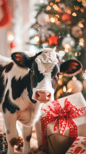 cow, bull near the Christmas tree. christmas pets. happiness, celebration and fun. artiodactyl animals.