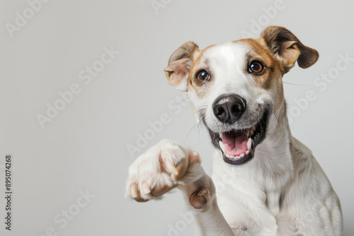 A jack russell terrier with its paw up and a smiling expression posing against a grey background