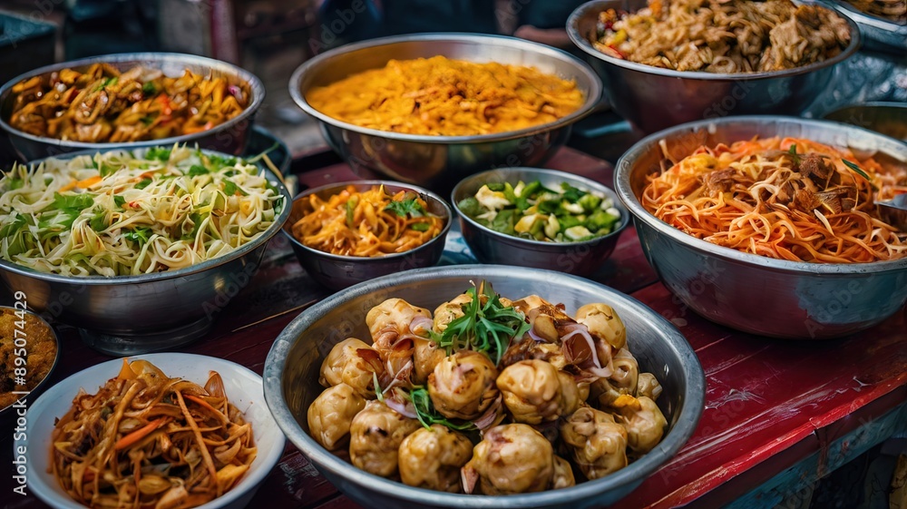 Obraz premium Vibrant Street Food from Diverse Cultures. Colorful and Appealing Presentation. Explore a vibrant collection of street food from different cultures, presented in a visually appealing and colorful.