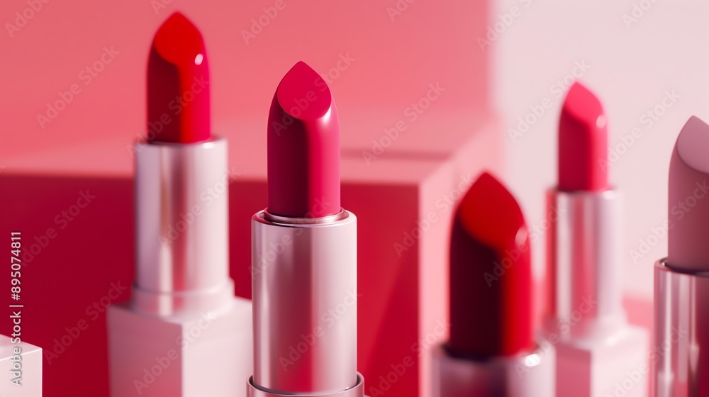 A vibrant collection of assorted lipsticks in various shades of red and pink on a light pink background, emphasizing beauty and fashion. A vibrant collection of assorted lipsticks in various shades of red and pink on a light pink background, emphasizing beauty and fashion.