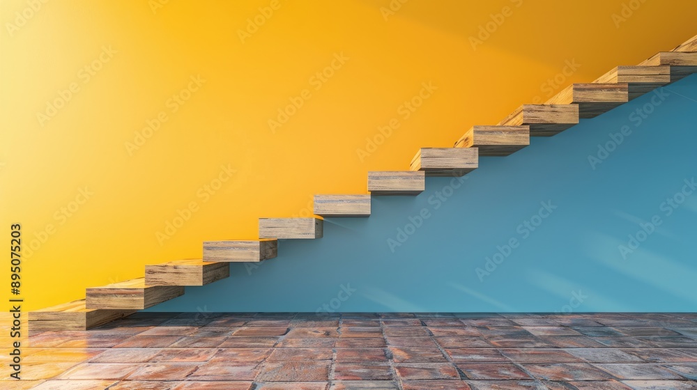 A staircase with wooden steps is shown against a yellow and blue wall A staircase with wooden steps is shown against a yellow and blue wall
