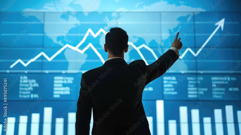 A man pointing at a graph on a wall A man pointing at a graph on a wall